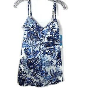Swim Solutions Womens Swim Dress 14 NWT Blue Floral Coastal Resort Tummy Control